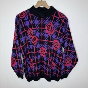 Vtg Adele Sweater Womens L Floral Mock Neck Grandma Grannycore Retro Ugly